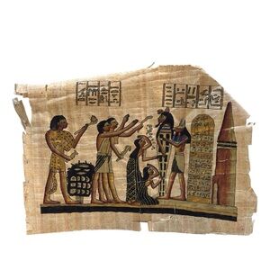 Vintage Egyptian pharaoh Papyrus Artwork Ancient Hieroglyphic Scene Hand-Painted